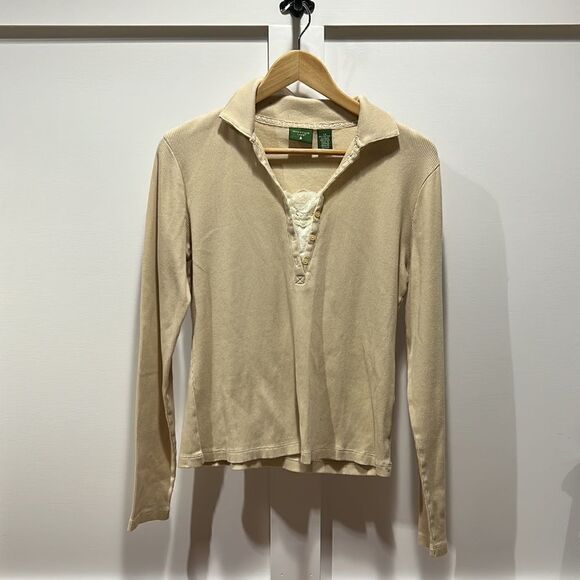 Long sleeve tan 3/4 button up Henley, vintage size large - Picture 4 of 8